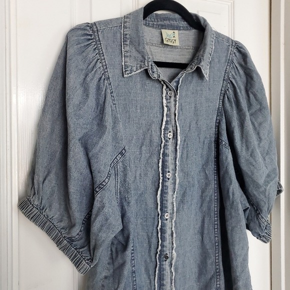 Rare Jaded Gypsy Come My Way Shirt Chambray Denim Button‎ Puffy Sleeve L/XL - Picture 2 of 9